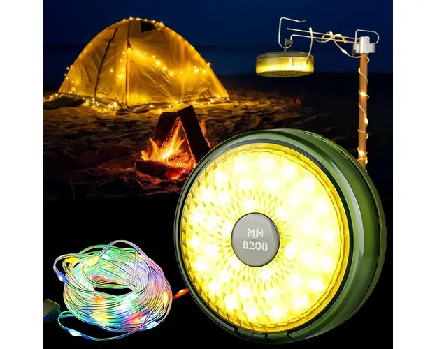 Ghirlanda luminoasa camping, lanterna si functie de baterie externa, LED, reincarcabila USB, portabila, 8 moduri de iluminare, 10 m, agatatoare, carcasa verde