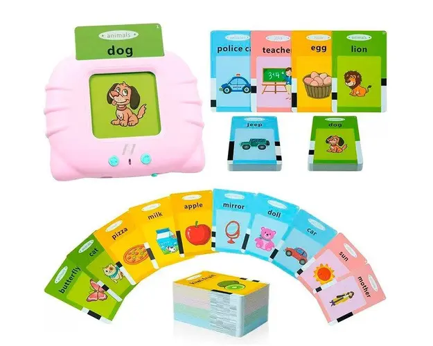 Jucarie educativa Montessori, Set masina de invatare limba engleza cu cititor de carduri, 112 bucati carduri flash 224 de cuvinte, 2 ani+