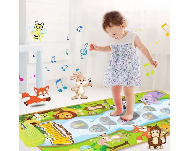Covoras muzical Montessori, taste numerice, animale, 17 melodii si sunete, 80 cm x 50 cm, Multicolor