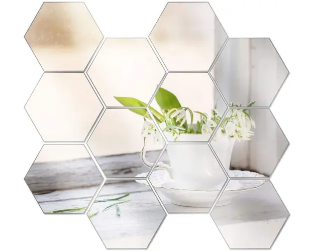 Set 12 oglinzi acrilice autoadezive decorative forma hexagon, diametru 7, 13, 20 si 23 cm