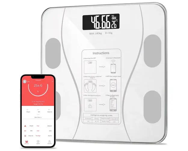 Cantar corporal cu ecran digital Iluminat, aplicatie smart, compatibil android/Ios, conectare bluetooth, termometru, 180 Kg Max