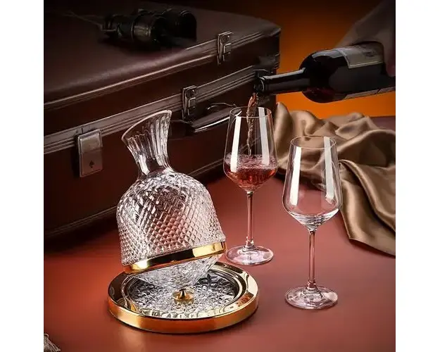 Decantor de vin rotativ de lux, din sticla transparenta, set elegant pentru iubitorii de vin