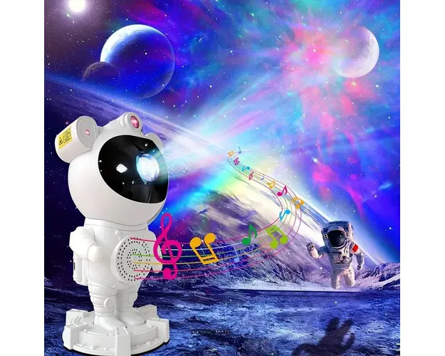 Proiector Laser Astronaut cu Joc de Lumini Aurora Boreala si Stele, Boxa, Sunete Albe, Functie Bluetooth, Timer, Setare Luminozitate, Telecomanda