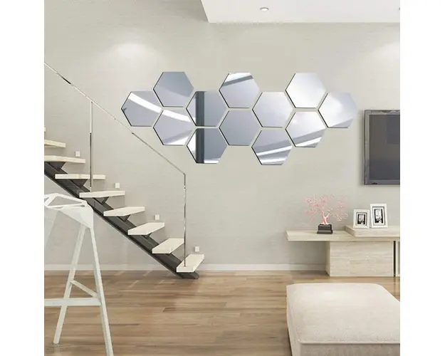 Set 12 oglinzi acrilice autoadezive decorative forma hexagon, diametru 7, 13, 20 si 23 cm