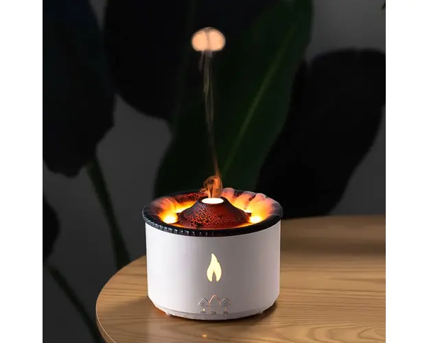 Difuzor de arome in forma de vulcan, imita flacara vulcanica, 2 culori, control telecomanda, temporizator, alimentare priza, 360ml, alb