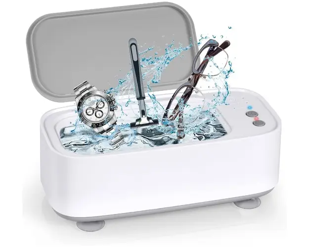 Curatator avansat cu ultrasunete pentru cosmetice, bijuterii, ochelari, portabil, sterilizeaza si dezinfecteaza, plastic si otel inoxidabil, alb, 600 ml