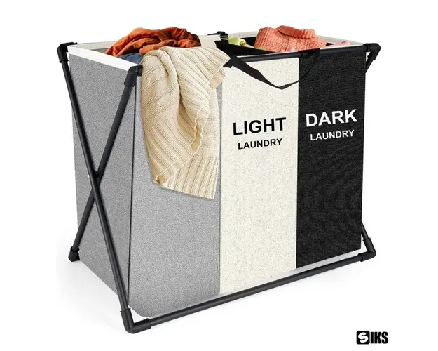 Cos de rufe murdare cu 3 compartimente, pliabil, pentru sortare si organizare haine la baie, material textil, cadru aluminiu, dimensiuni 62 x 34 x 56 cm
