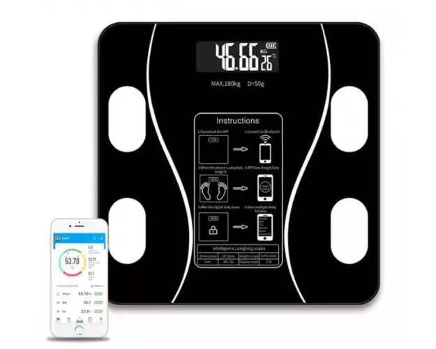 Cantar corporal cu ecran digital Iluminat, aplicatie smart, compatibil android/Ios, conectare bluetooth, termometru, 180 Kg Max