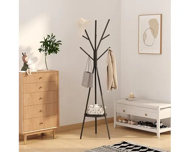 Cuier haine cu suport din lemn pentru accesorii, 9 carlige, otel carbon, 180 x 45 cm, negru