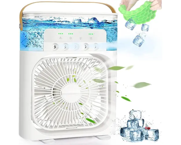Ventilator portabil 3 in 1 cu pulverizare: racorire, umidificare si iluminare in 7 culori