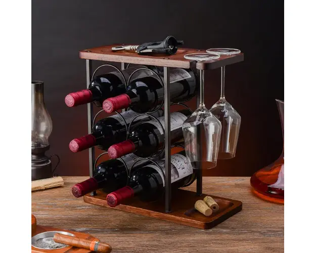Suport de Vin Premium din Lemn - Raft elegant independent pentru 9 Sticle, organizator pe 3 nivele cu tava