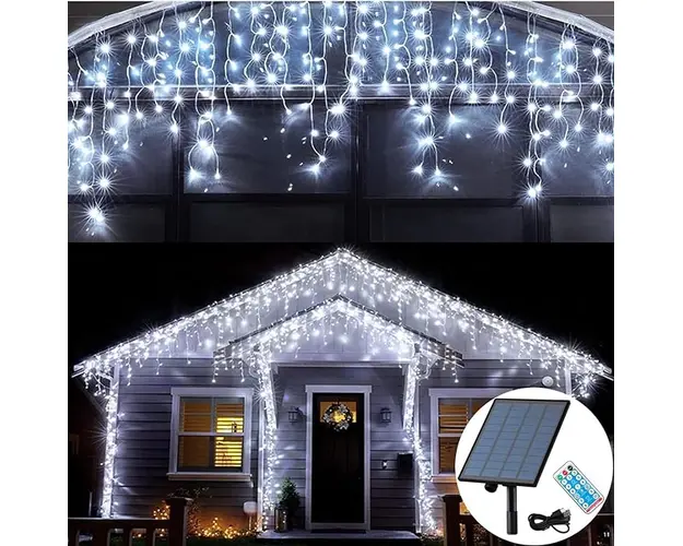 Instalatie Craciun 13 metri turturi, franjuri inegali cu 300 LED-uri, alimentare solara