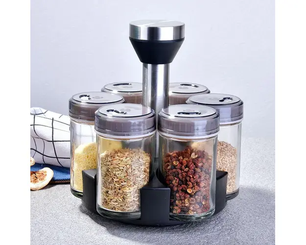 Set 6 recipiente din sticla pentru condimente cu suport rotativ, 18 x 14 cm