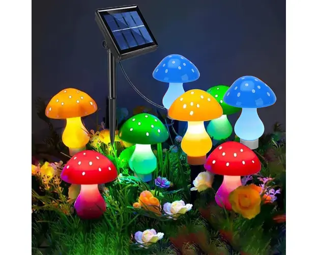 Set 6 lampi solare de gradina in forma de ciuperci, plastic, IP66, lumina alb calda