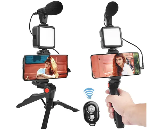 Suport telefon cu lampa LED, microfon si trepied, pentru vloggeri, KD4920