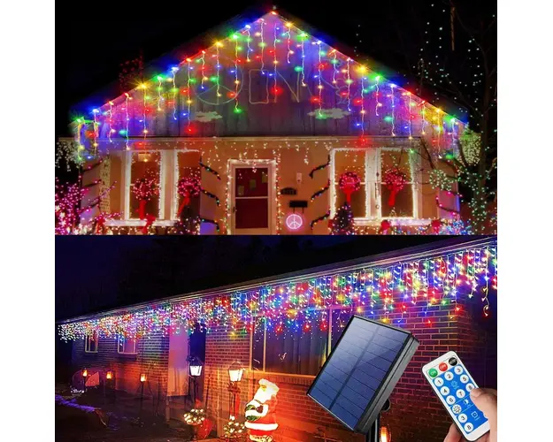 Instalatie Craciun 13 metri turturi, franjuri inegali cu 300 LED-uri, alimentare solara