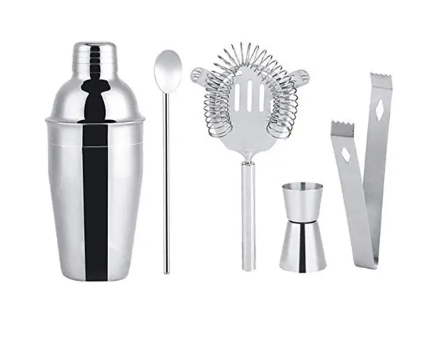 Set de barman pentru preparare de bauturi cocktail, 5 piese, argintiu