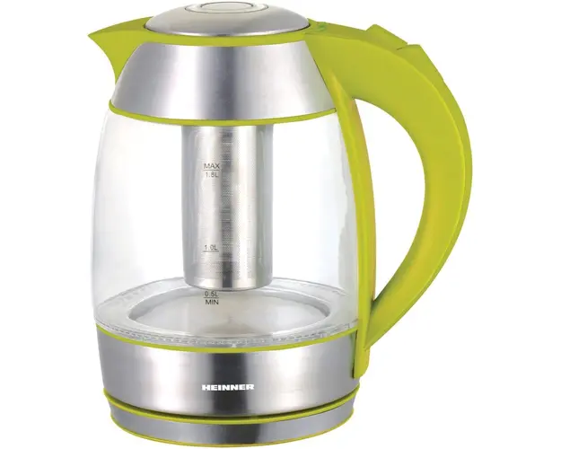 Fierbator electric Heinner HEK-TF2200GR, cu filtru de ceai, 2200 W, 1.8 litri, carcasa din sticla, verde