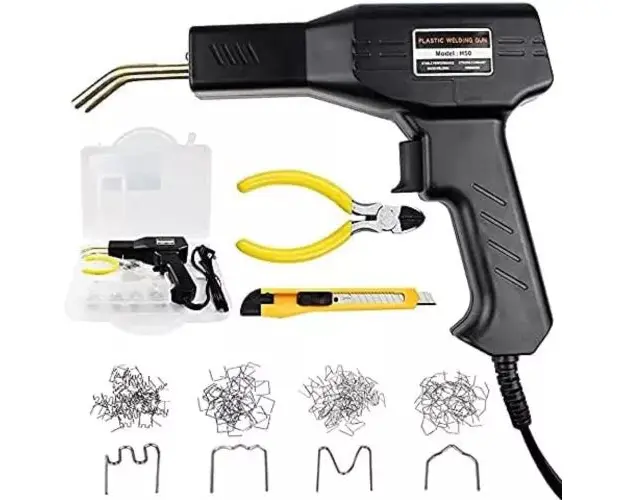 RESIGILAT - Trusa aparat sudat plastic, pistol profesional pentru lipit/sudat plastic, kit pentru repararea fisurilor din plastic, polipropilena, 200 capse de intarire, putere 50W