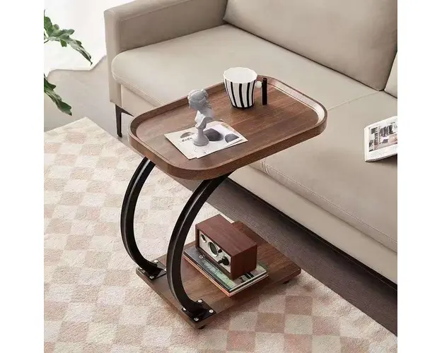 Masuta de cafea pentru living, design nordic in forma de C, cu 2 niveluri, pe roti 52x34x60cm