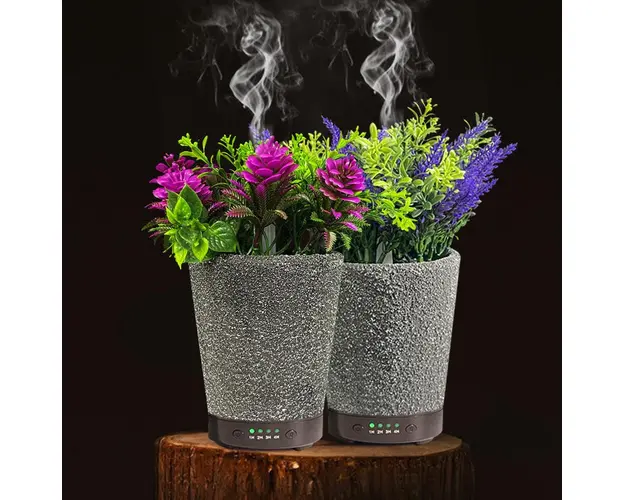Umidificator/Difuzor aromatizator in forma de ghiveci cu flori, 7 culori programabil, oprire automata