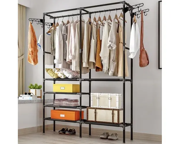 Suport pentru umerase stander haine, 6 rafturi, 8 carlige, Negru, 175 cm