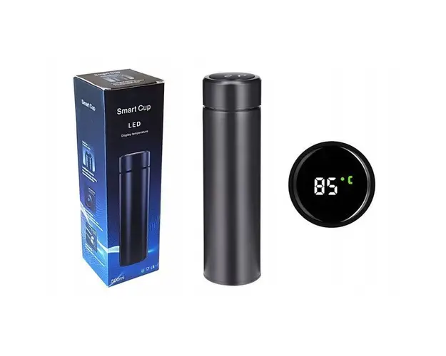 Termos smart cu afisaj led, indicator temperatura, 500 ml, negru, otel inoxidabil