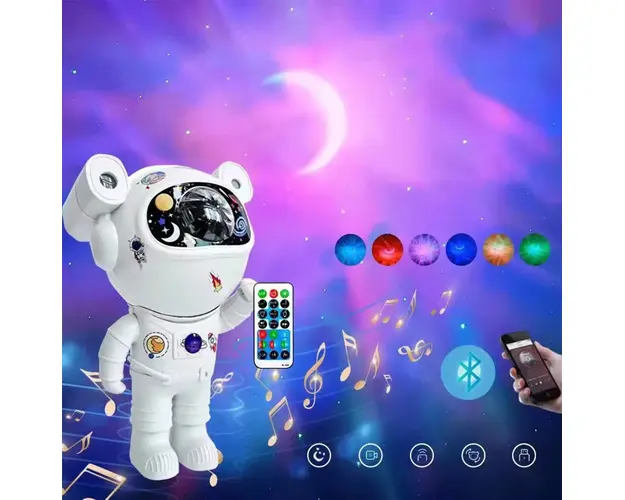Proiector LED in forma de astronaut cu sunete si lumini, stickere autoadezive, conexiune Bluetooth