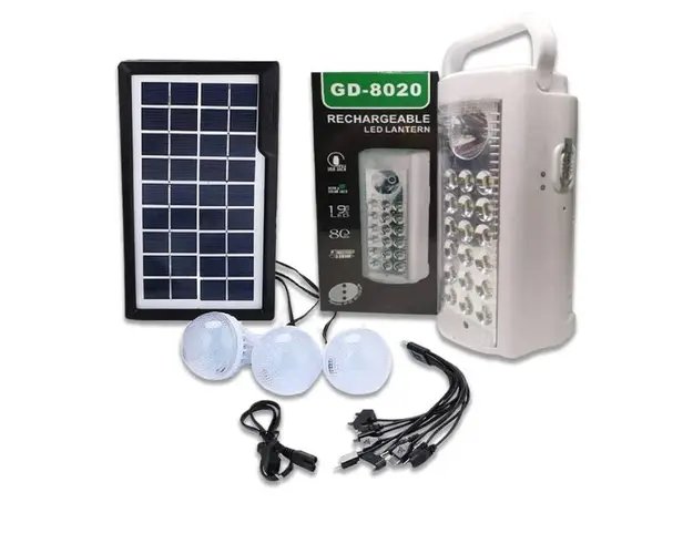 Kit Solar GD-8020 cu lanterna LED, 3 becuri incluse, acumulator, incarcare solara