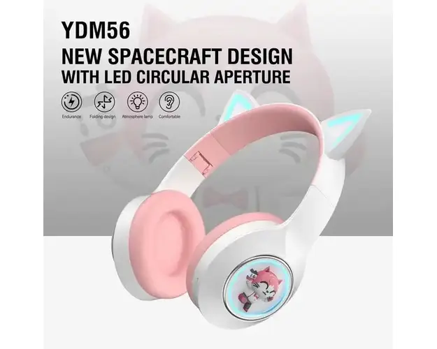 Casti wireless YDM56 model urechi de pisica cu eroi din desene animate, conectare Bluetooth