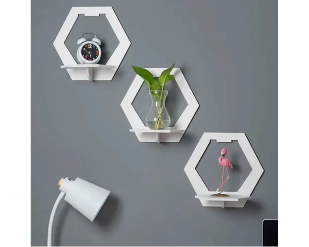 Set 3 rafturi decorative in forma de hexagon, patrat sau rotund, alb