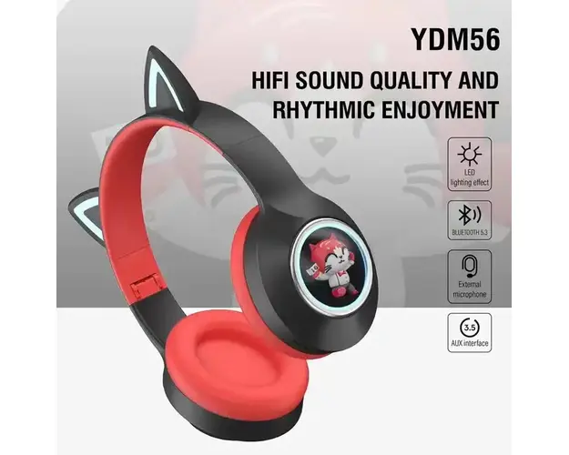 Casti wireless YDM56 model urechi de pisica cu eroi din desene animate, conectare Bluetooth