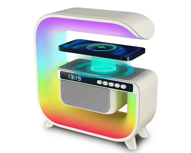 Lampa Smart LED RGB, 5 in 1, boxa Bluetooth, FM, Aux, incarcare Wireless rapida, ceas cu alarma, functie de raspuns la telefon, Alb