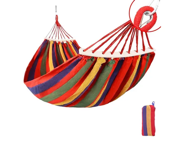 Hamac XL din bumbac cu bara de lemn, carabina metalica, 260x80cm/260x150cm, 1 persoana sau 2 persoane