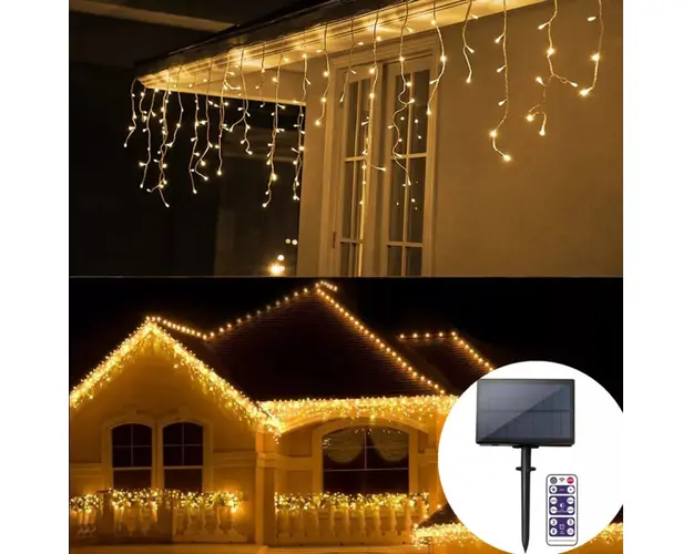 Instalatie Craciun 13 metri turturi, franjuri inegali cu 300 LED-uri, alimentare solara