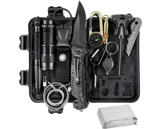 Kit multifunctional, 19 piese, excelent pentru drumetii, vanatoare, pescuit, camping