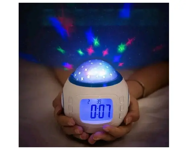 Ceas muzical de birou cu alarma, termometru si calendar, proiectare cu stelute, 10 cm