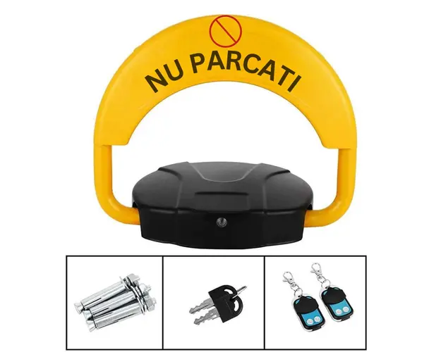Blocator loc parcare automat, cu 2 telecomenzi si alarma, suporta 2 tone, Galben/Negru, rezistent intemperii