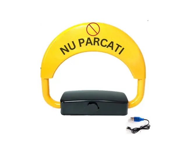 Blocator loc parcare automat, cu 2 telecomenzi si alarma, suporta 2 tone, Galben/Negru, rezistent intemperii