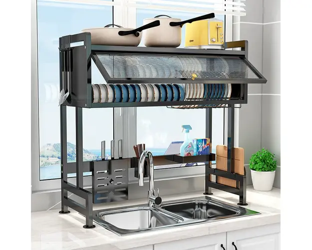 Suport de vase metalic multifunctional cu scurgator, suport pentru ustensile si tacamuri