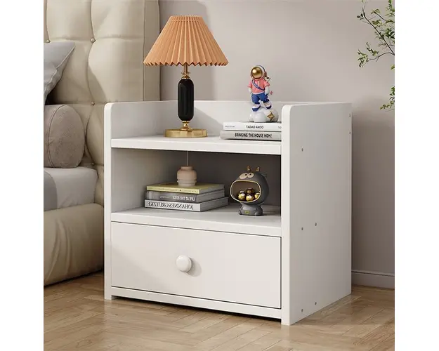 Noptiera PAL minimalista cu sertar si raft, 40x32x26cm, alb/gri