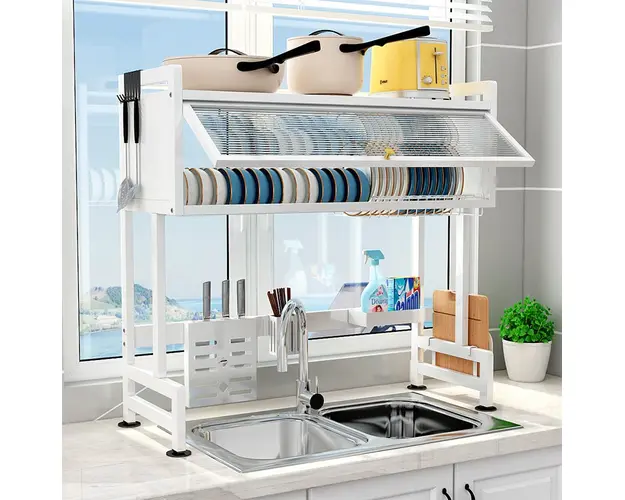 Suport de vase metalic multifunctional cu scurgator, suport pentru ustensile si tacamuri