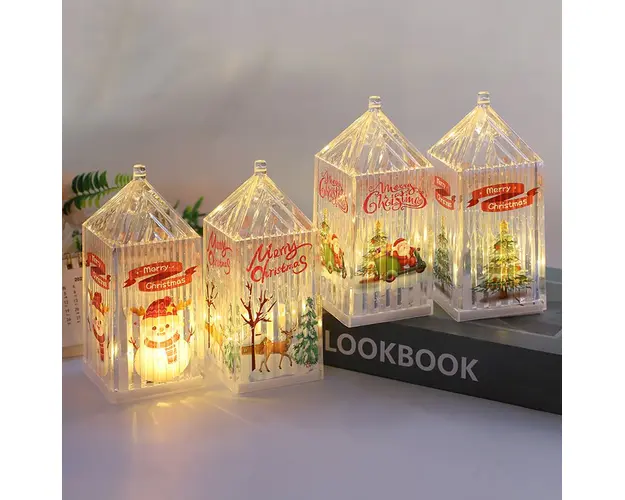 Set 4 felinare LED, decoratiune Craciun, lumina calda, om de zapada, brad de Craciun, elan si Mos Craciun
