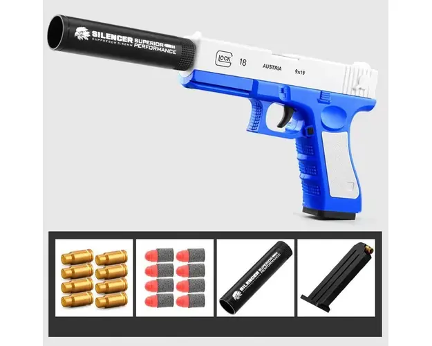 Pistol de jucarie pentru copii, cu amortizor si gloante moi