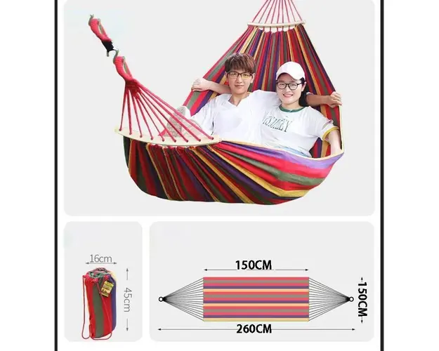 Hamac XL din bumbac cu bara de lemn, carabina metalica, 260x80cm/260x150cm, 1 persoana sau 2 persoane