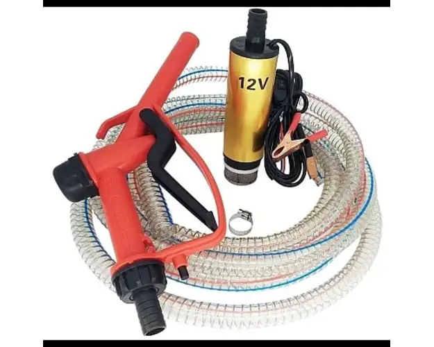 Set pompa transfer benzina/motorina si alte lichide 12V cu furtun si pistol