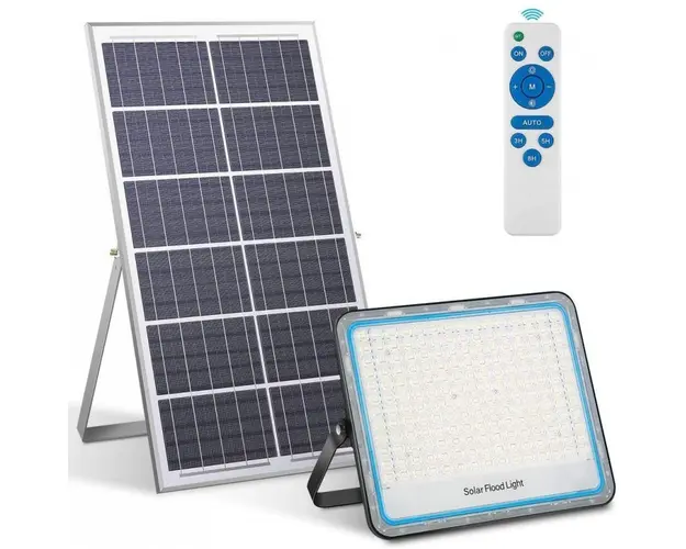 Proiector LED Jortan pentru exterior cu panou solar, telecomanda functii multiple, Solar Light IP 66, alb rece