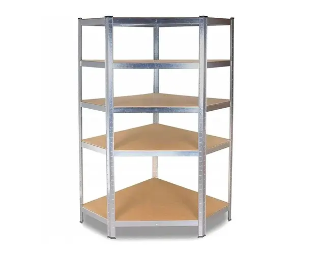 Raft metalic de colt, cu 5 polite, cadru otel galvanizat, polita MDF, 175 Kg/polita, 180x90x40 cm