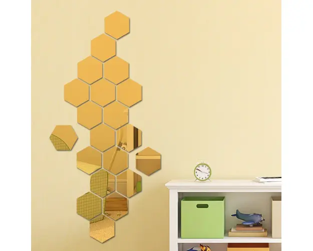 Set 12 oglinzi acrilice autoadezive decorative forma hexagon, diametru 7, 13, 20 si 23 cm