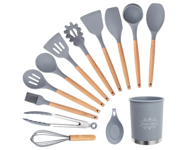 Set 13 ustensile de gatit din silicon, maner rezistent din bambus